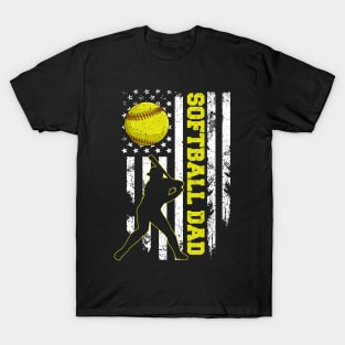 Softball Dad Cute Baseball American Flag Fathers Day Vintage T-Shirt